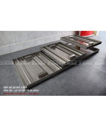 [ZAVAK] Nắp Hố Ga Lát Đá MHP Mở 3 nắp (Inox 304, Lát Đá Dày 25mm)